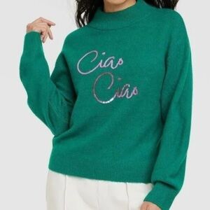 a new day Teal Cowl Neck Sweater with Pink Embroidery